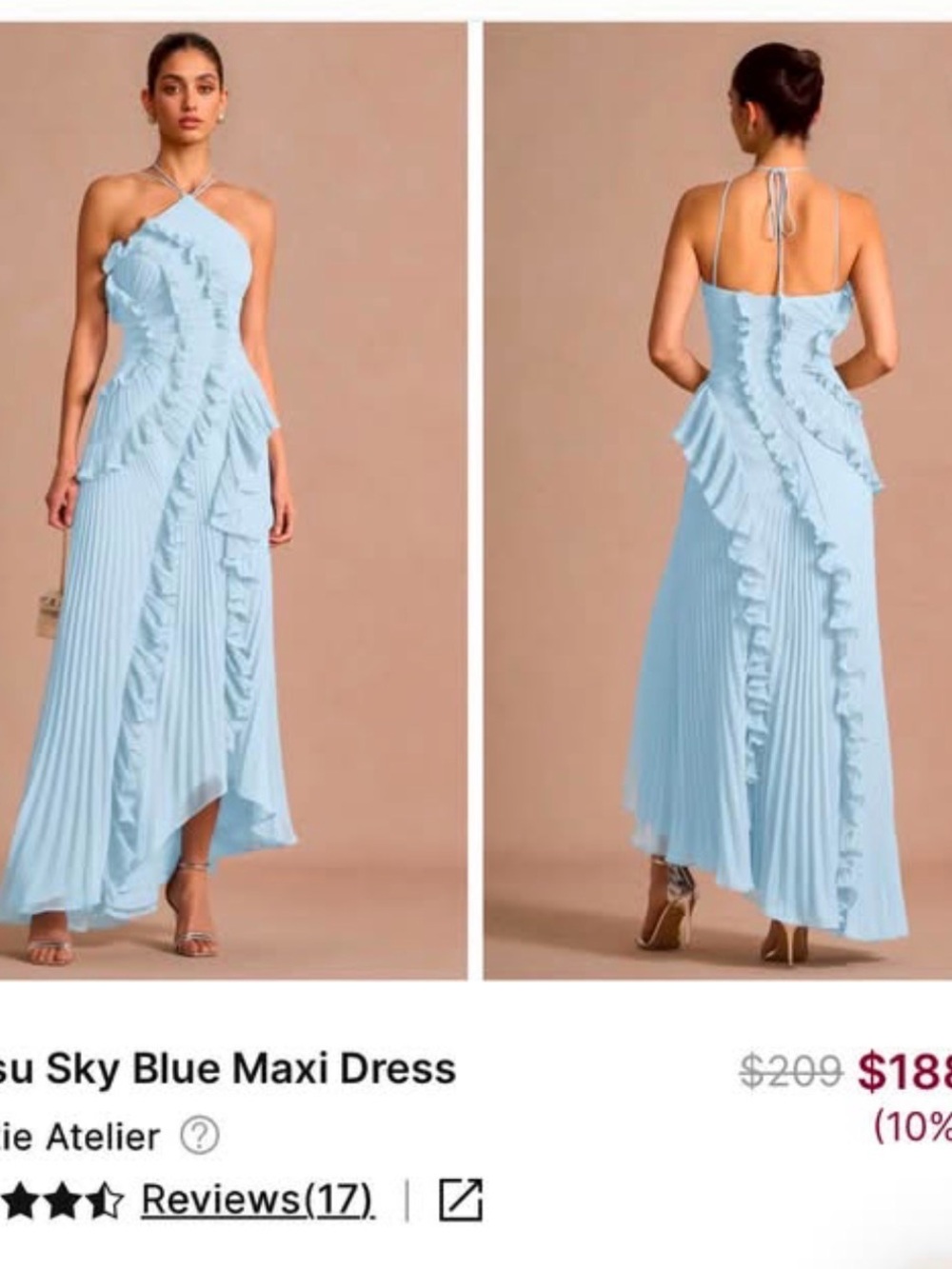 Azazie Sky Blue Halter Ruffle Pleated Maxi Dress